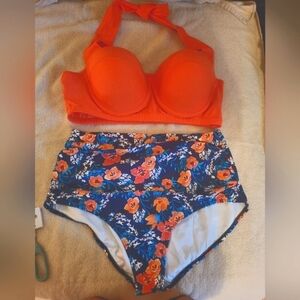 NWOT Angerella Orange & Blue Floral High Waist Bikini (Size XL -‎ Cup Like DD/F)